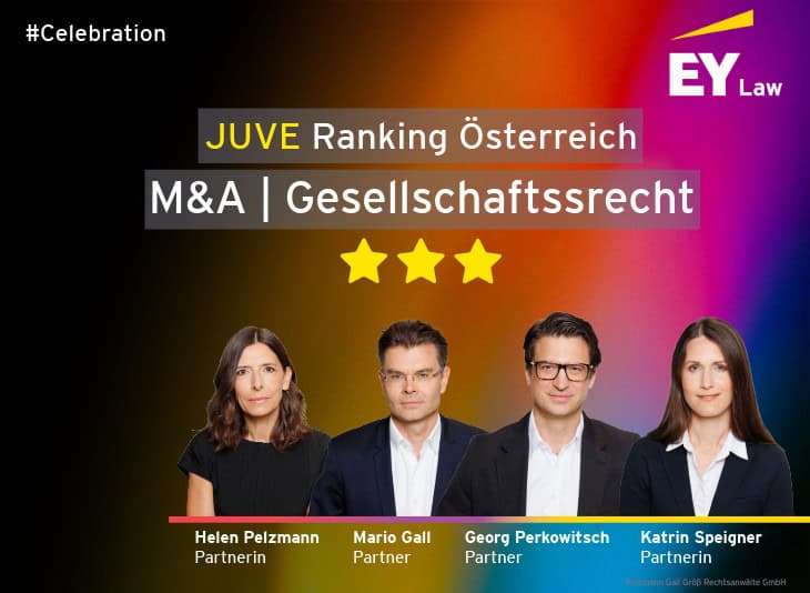#Celebration: JUVE Ranking Österreich. M& A | Gesellschaftsrecht. Porträts von Helen Pelzmann, Partnerin, Mario Gall, Partner, Georg Perkowitsch, Partner, Katrin Speigner, Partnerin.