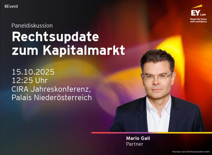 Paneldiskussion: Rechtsupdate zum Kapitalmarkt. 15.10.2025. 12:25 Uhr. CIRS Jahreskonferenz, Palais Niederösterreich. Porträtfoto von Mario Gall, Partner.