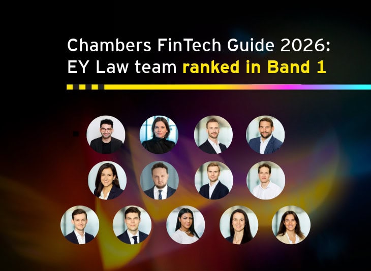 Chambers FinTech Guide 2026: EY Law team ranked in Band 1. Portraits of the whole team.
