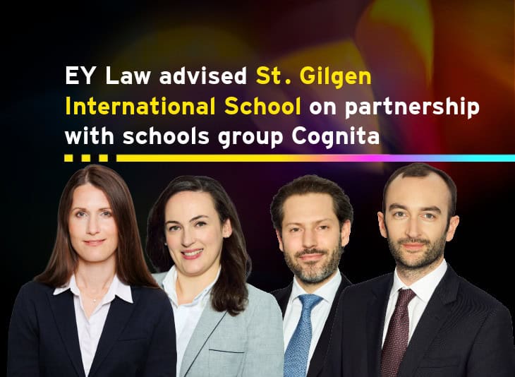 EY Law advised St. Gilgen International School on partnership with school group Cognita. Portraits of Katrin Speigner, Teresa Bell, Maximilian Bell and Tobias Scheufler.