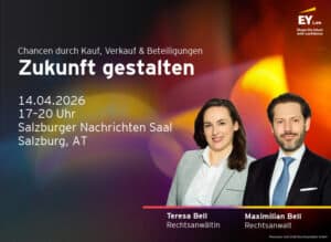 Chancen durch Kauf, Verkauf & Beteiligungen. Zukunft gestalten. 14.04.2026. 17-20 Uhr. Salzburger Nachrichten Saal. Salzburg, AT. Porträtfotos von Teresa Bell, Rechtsanwältin, und Maximilian Bell, Rechtsanwalt.